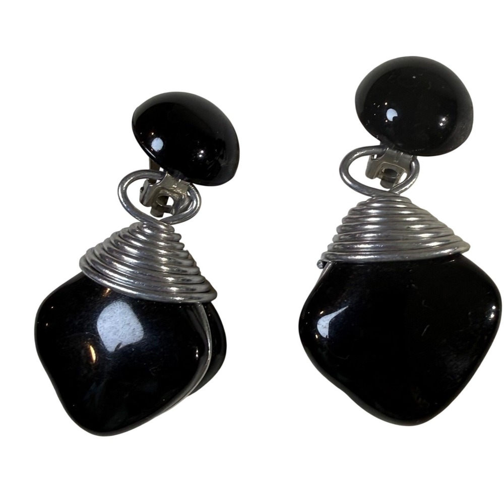 Vintage Black Glass Wire Wrapped Dangle Clip On Earrings Statement
